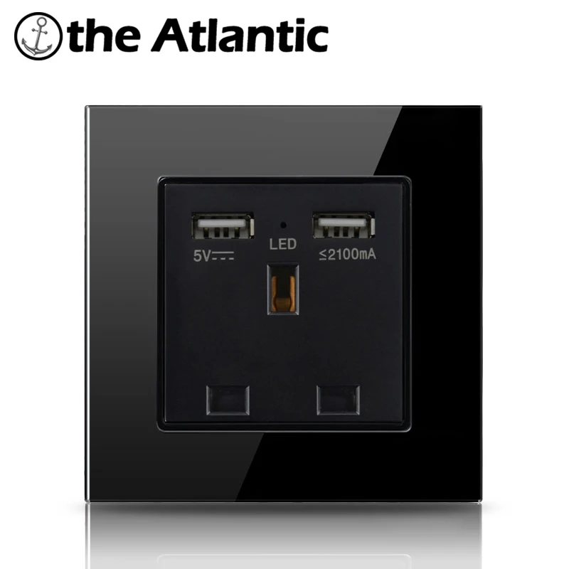 Atlectric стандарт Великобритании штепсельная розетка двойной USB порт розетка с Светодиодный индикатор Электрический адаптер стеклянная панель розетка