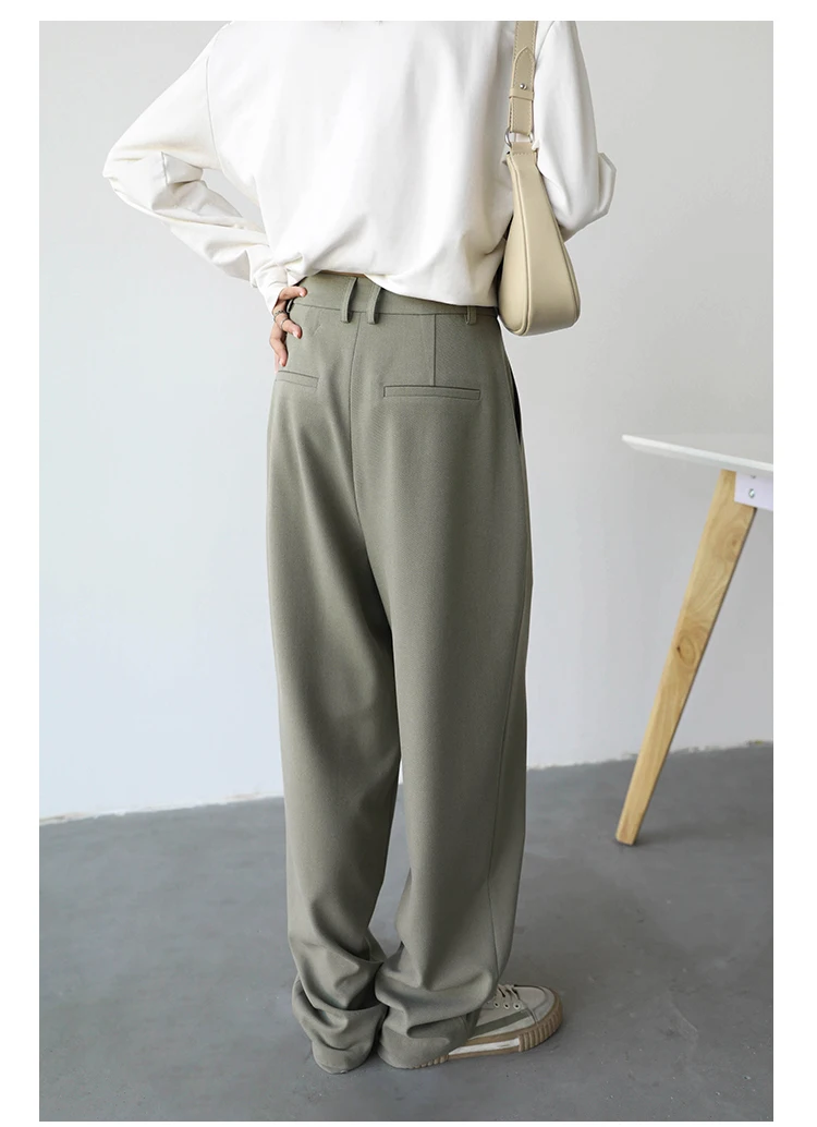 Twill Suit Pants  Women’s Simple Casual Wide Leg Straight Floor Office Ladies Female Plus size womens Trousers Workwear for Woman in Green