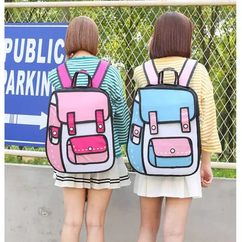 

Girl School Backpack New 3D Jump Style 2D Drawing Cartoon Paper Bag Comic Backpack Fashion Cute Student Bags Bolos 6Colors 2019