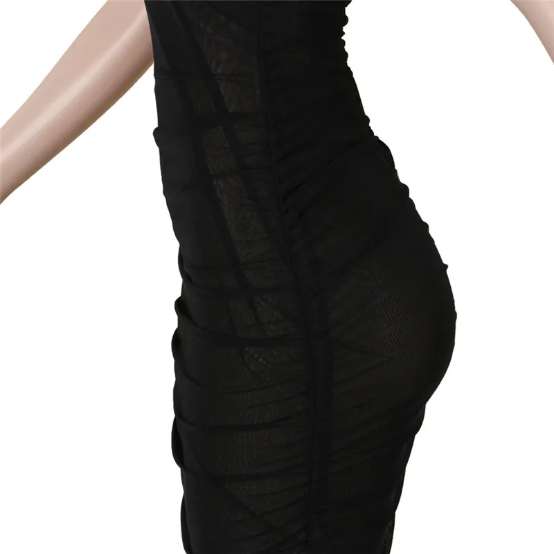 ANJAMANOR прозрачное Сетчатое сексуальное облегающее платье для ночного клуба, вечерние платья с рюшами на тонких бретельках, Бандажное платье миди, D35-AC85