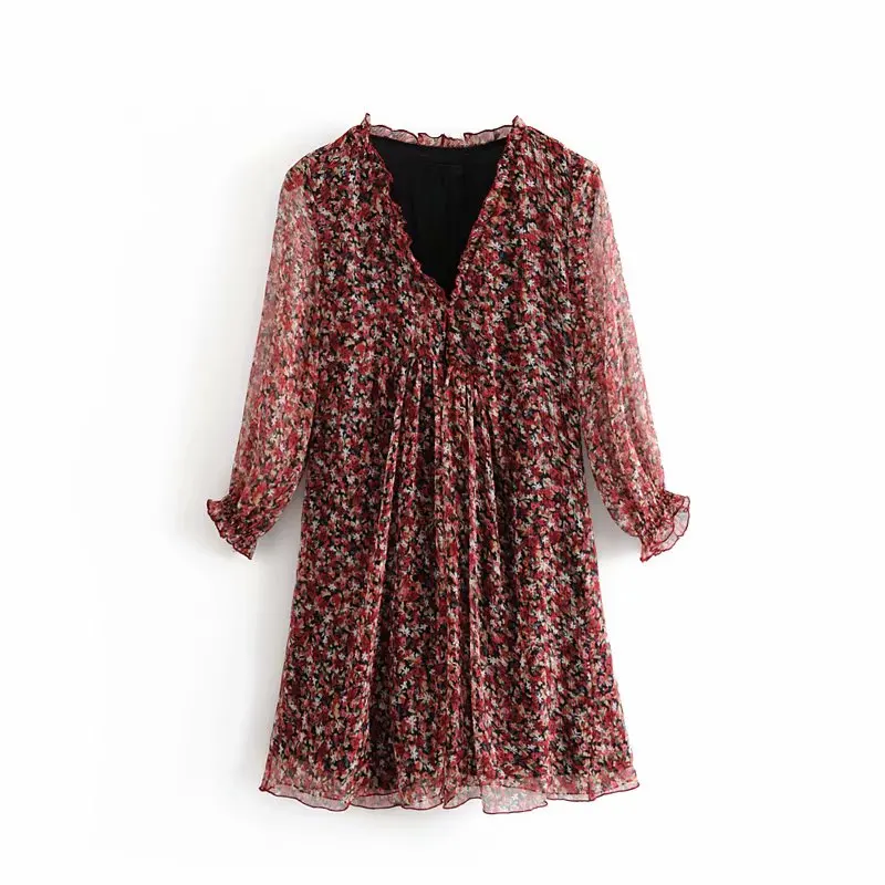 

Elegant Vintage Romantic Floral Print Chiffon Women Dress 2019 Summer-Autumn Fashion Ruffled V-Neck Peter Sleeve Mini Dresses