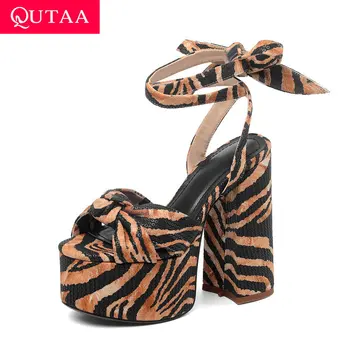 

QUTAA 2020 Platform Lace Up Summer Ladies Pumps PU Leather Zebra Pattern Sandals Square High Heel Fashion Women Shoes Size 34-43