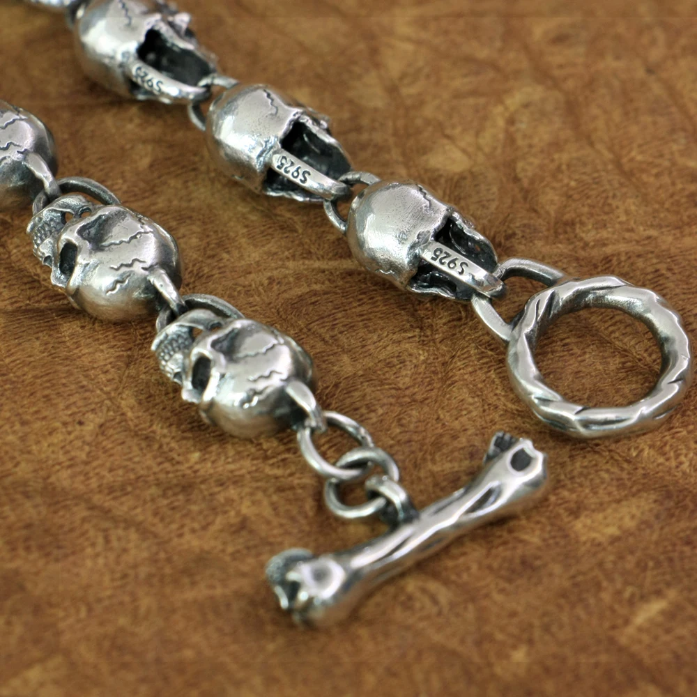 LINSION 925 Sterling Silver Detail Skulls Necklace Mens Biker Rock Punk Necklace TA169N
