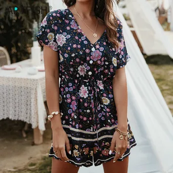 

Female Floral Printed Women's Casual Summer Playsuits Mini Short Sleeve V-Neck Beach Rompers 2020 Spring Sashes Outfits G1337
