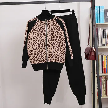 

Autumn Winter Fashion Tracksuit Women Leopard Print Zipper Knitted Cardigan Tops + Casual Trousers Suit Women Two Piece Outfits