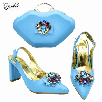

Charming lady's high heel pointed toe sandal with purse handbag fashion shoes and bag set with stones 688-17 heel height 8.5cm