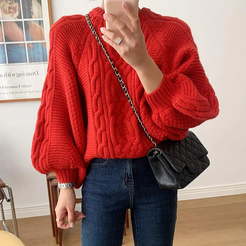 노미쿠마 한국어 트위스트 인과 풀오버 여성 스웨터 랜턴 긴 소매 오-넥 퍼프 Femme 2020 가을 겨울 니트 탑 6C202