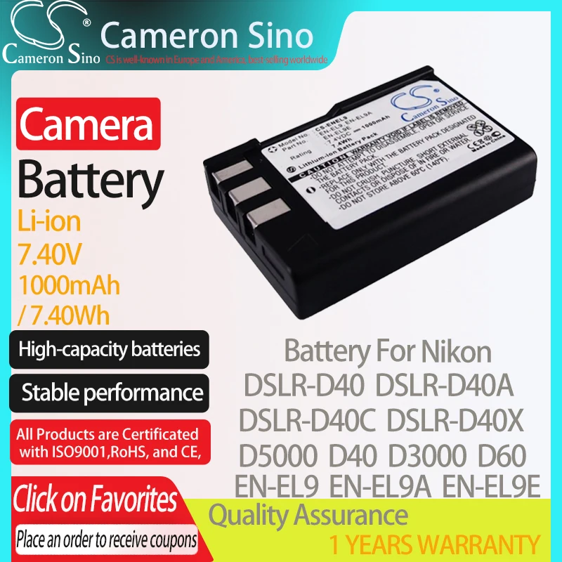 CameronSino Аккумулятор для NIKON DSLR-D40 DSLR-D40A DSLR-D40C DSLR-D40X D5000 D40 D3000 подходит EN-EL9 цифровых