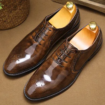 

Patent Leather Men Dress Shoes Comfortable Genuine Leather Male Shoes Lace-up Business Wedding Formal Flats For Men