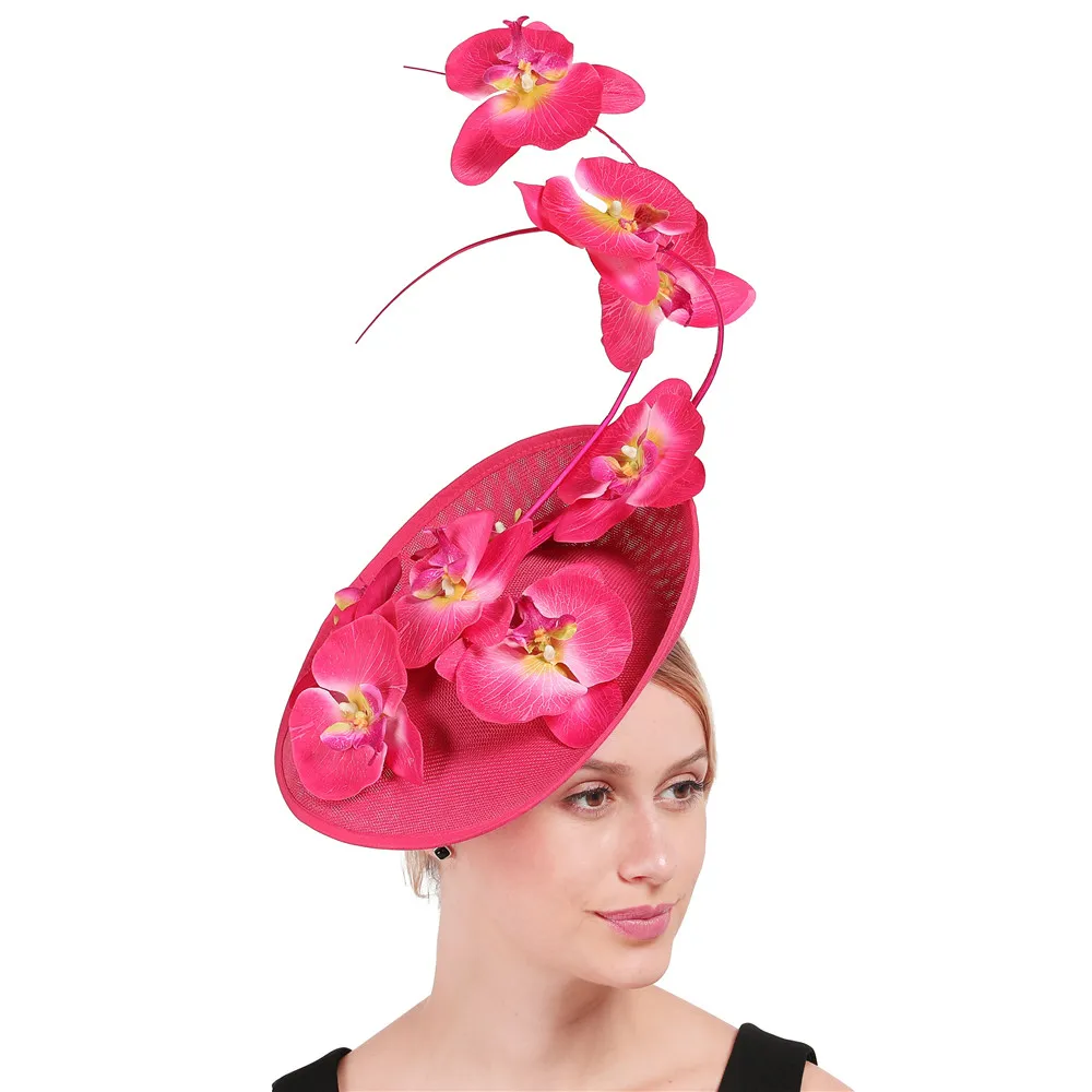 Элегантные женские вечерние головные уборы millinery derby, ярко-розовые головные уборы, вуалетки с красивым цветочным декором, Великолепные женские головные уборы