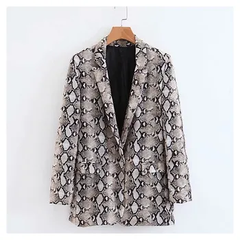 

2018 Autumn Women Snake Print Blazers Coat Safari Style New Fashion Notched Neck Loose Blazer Causal Femme Coats