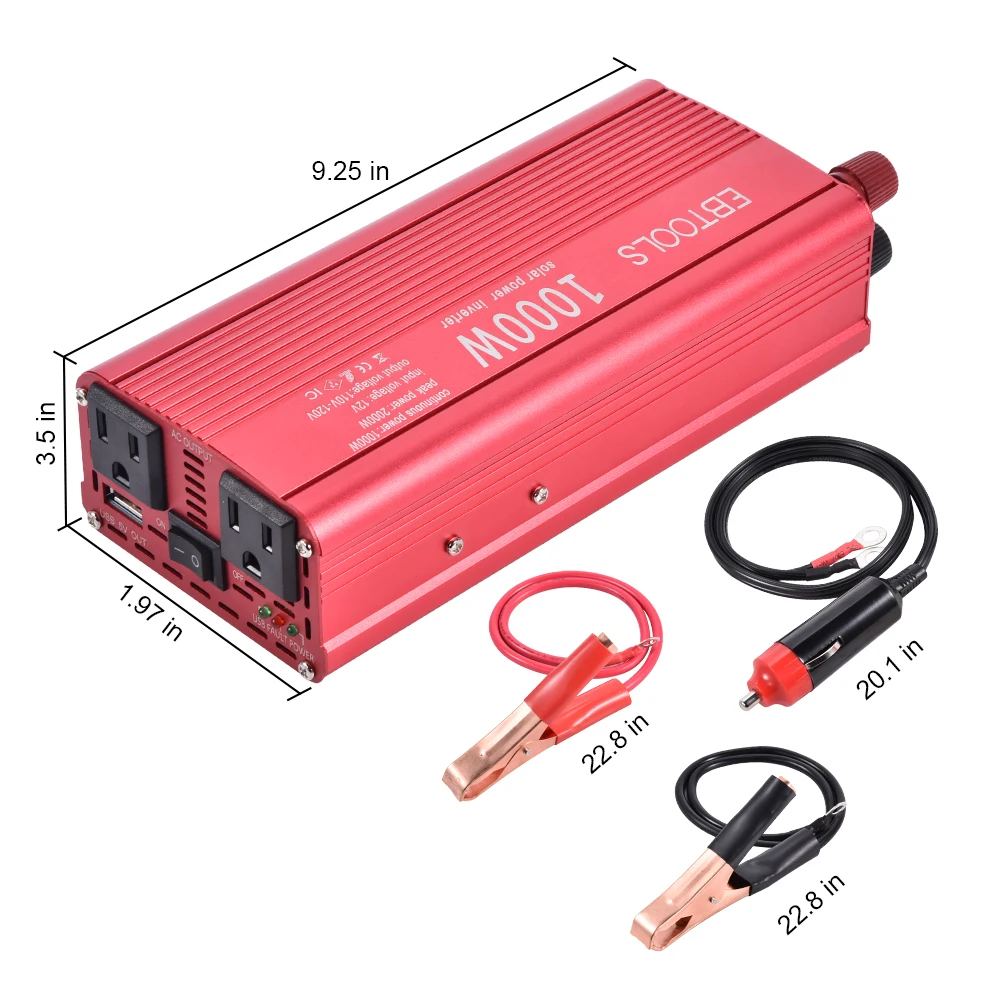 Автомобильный инвертор EBTOOLS 1000 W/2000 W инвертор 12 V-110 V автомобильный преобразователь с 2 AC Out Встроенный сменный 40A мини-предохранитель скольжения