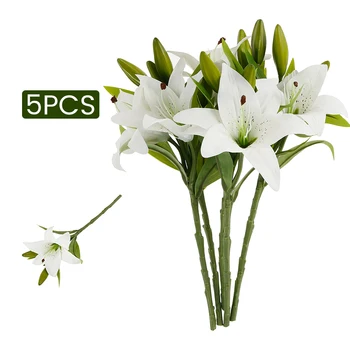 

5PCS/set Artificial Lily Bouquet Flower Artificial Bouquet Fake Flower for Wedding Decoration Flowers Home Garen Decor