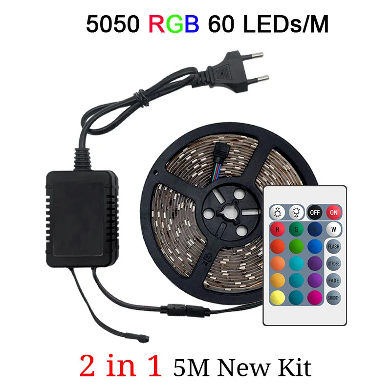 Светодиодный светильник RGB 5050 SMD 2835 гибкая лента fita светодиодный светильник RGB 5 м 10 м 15 М лента диод DC12V 60 светодиодный s 1 м+ управление+ адаптер - Испускаемый цвет: 5050 60LEDs 1M 2in1