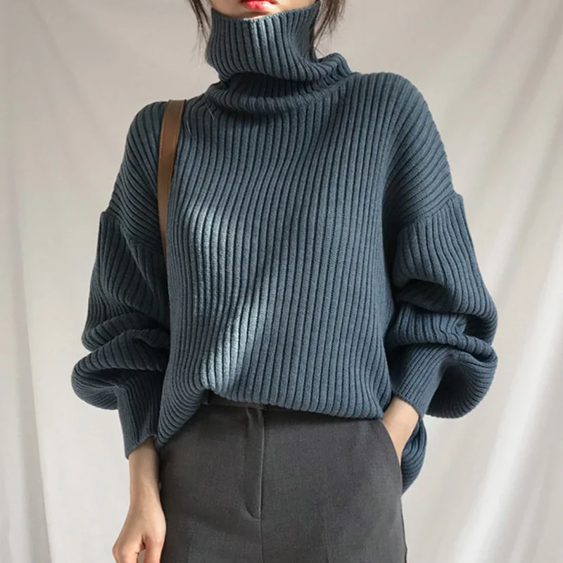 grey blue Женский корейский Однотонный свитер с высоким воротом, офисный осенне-зимний Повседневный Свободный пуловер, женские обычные свитера с длинным рукавом - Цвет: grey blue