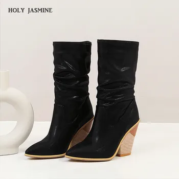 

NEW Women Boots 2020 Autumn Winter Mid-Calf Fashion Boots Wedges Oversize 34-43 Breathable Microfiber Super High (8cm-up) Rubber