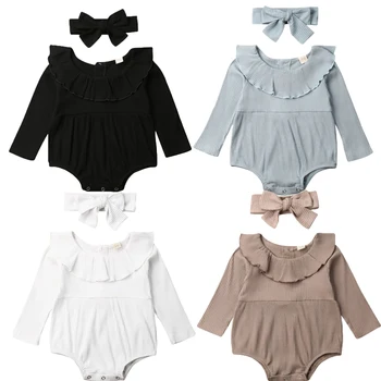 

0-18M Cute Newborn Baby Girl Long Sleeve Cape Collar Solid Color Cotton Romper Jumpsuit Playsuit Headband 2PCS Baby Clothes