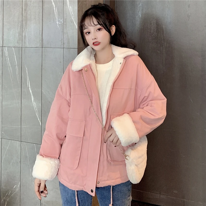 

Winter Korean Style Women's Loose Casual Double Pockets Plus Velvet Warm Lamb Wool Cotton Jacket