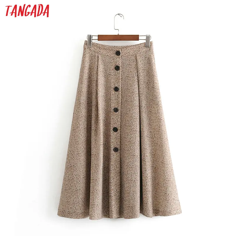 Tangada women winter elegant skirts vintage faldas high waist pocket buttons office ladies long skirts 3h121