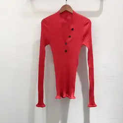 Женский свитер и пуловер осень 2019 Шерсть Высокое качество v-образный вырез длинный рукав кнопка свитер Топы
