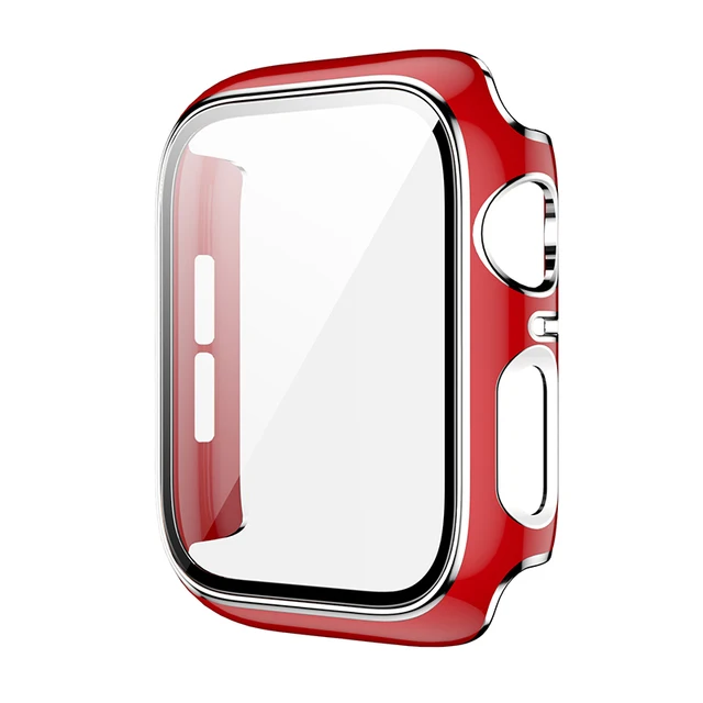 360 Full Screen Protector Bumper Frame Matte Hard Case For Apple Watch 38/40/42/44mm Cover Tempered Glass Film IWatch 6/SE/5/4/3 Red silver