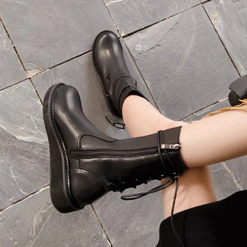 winter retro martin boots women British style flat bottom lace tie mid-calf motorcycle booties side zip riding botas female