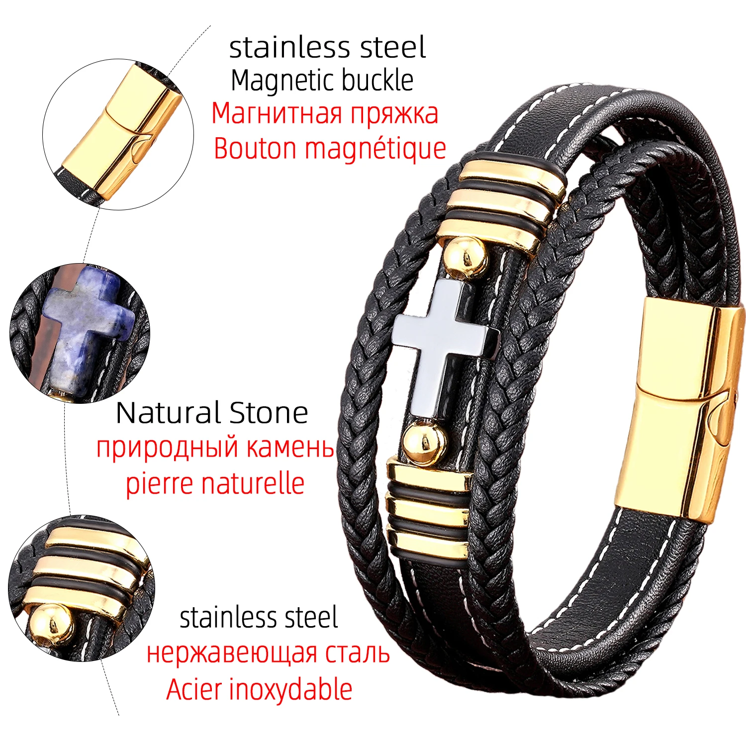 Stone Cross Style Multilayer Design Stainless Steel Fashion Men's Leather Bracelet Classic Gift For Men 17 Style Cross Bangles - Image 6