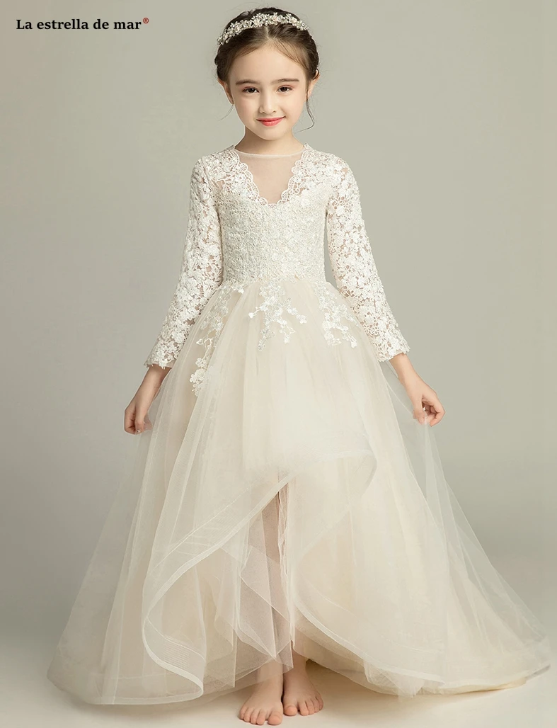 Robe mariage enfant fille/новые кружевные платья трапециевидной формы с длинными рукавами цвета шампанского для девочек со шлейфом, vestidos de comunion sukienki