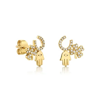 

LOZRUNVE Unique Lucky Pave Cubic Zirconia Hamsa Hand Clover Stud Earring Silver 925