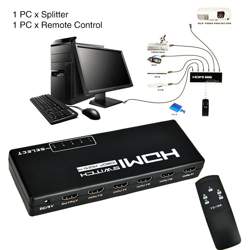 Твердый АБС аксессуары DVD высокого Скорость преобразования HDMI профессиональная сплиттер 1080P 5 Вход 1 Выход адаптер с пультом дистанционного управления Управление