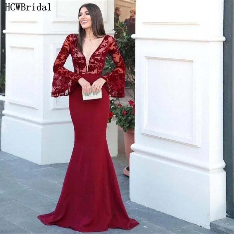 

Long Sleeves Burgundy Evening Dress V Neck Mermaid Lace Prom Gowns 2020 Women Wedding Party Dresses Robe De Soiree Custom Made