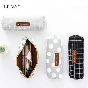 

Kawaii Grid Pencil Case for Girl Boy Student Stationery Black Simple Pencilcase Canvas Pencil Bag Pouch School Office Supplies
