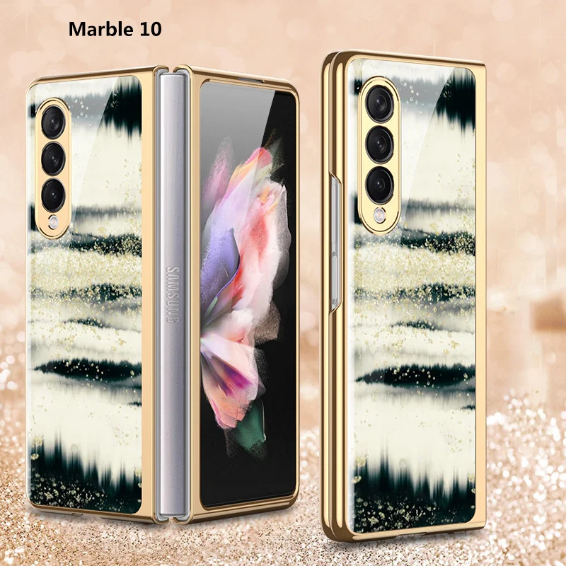 Hard Phone Cover For Samsung Galaxy Z Fold 3 5G Case Plating Glass Marble Pattern Precise Hole New Shockproof Protective Fundas kawaii phone case samsung