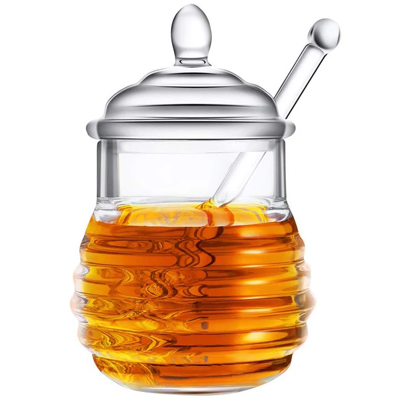 

Honey Jar with Dipper and Lid Honey Container Pot Syrup Sugar Beehive Jar Pot for Home Kitchen, 8 Ounces