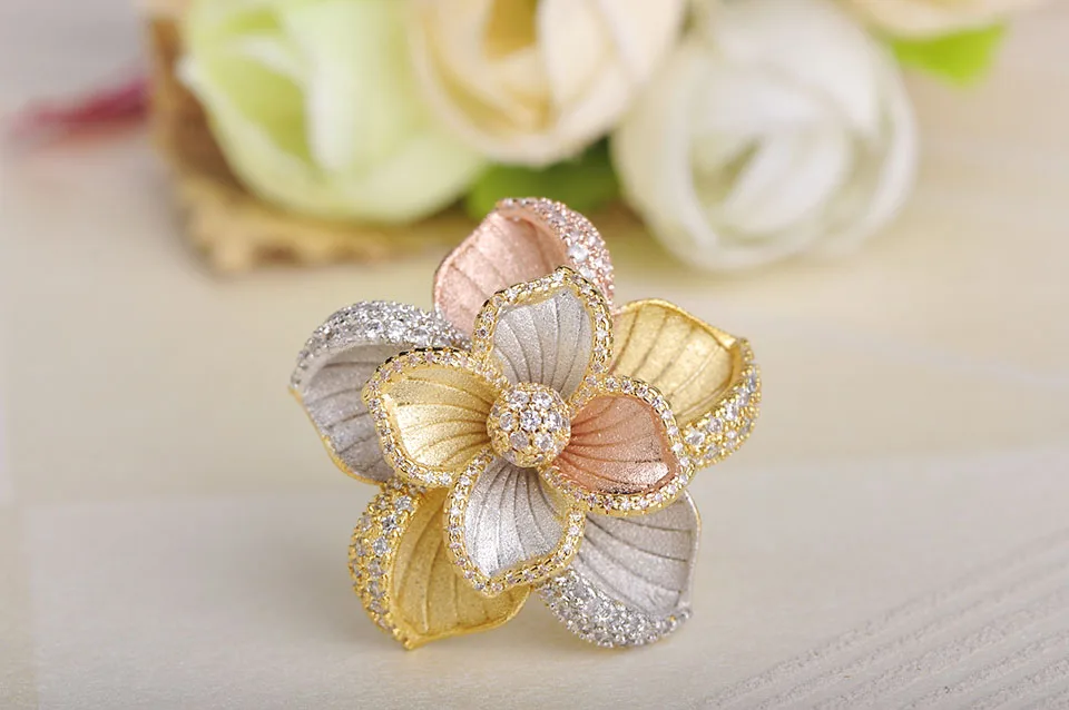 Blucome 3 Tones Cubic Zircon Flower Bangle Ring Sets Luxury Copper Wedding Bridal Jewelry Set For Women Adjustable Ring Gifts