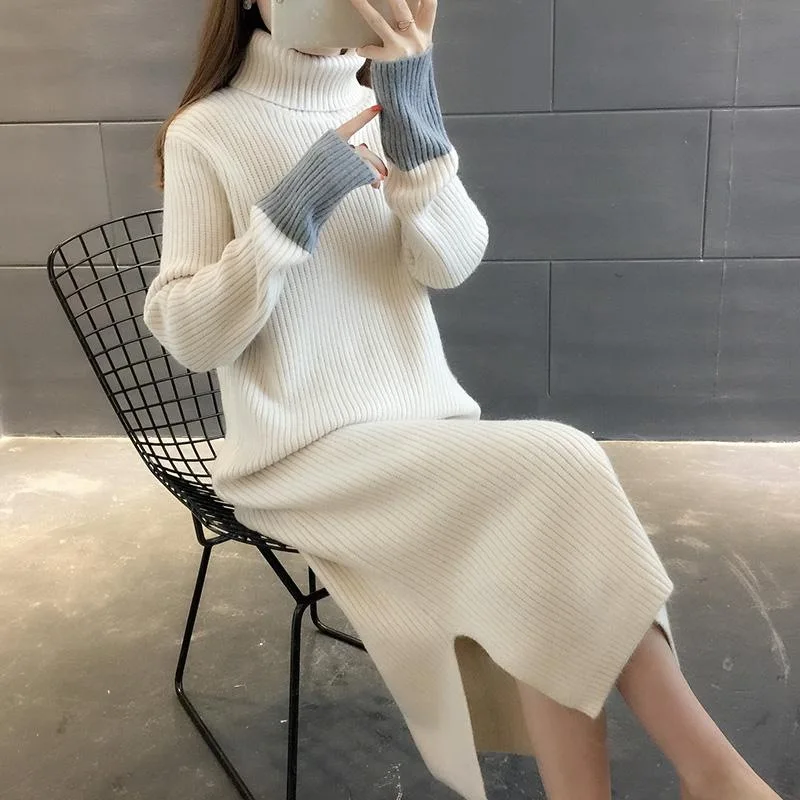 

2019 Fall Winter Long Sweater Dress Women Casual Loose Knitted Maxi Dress Fashion Vintage Split Turtleneck Pullover Vestido