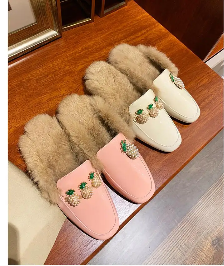 Womens Real Rabbit Fur Backless Pineapple Pearls Leather Slipper Mule Slide Princetown Shoes Square Toe Mules Warm