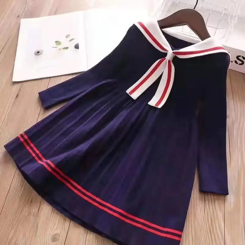

Brand 2019 New Autumn Solid Navy Blue Short Sleeve Princess party Girls Clothing Girls Dress 3 4 6 8 10 12Y