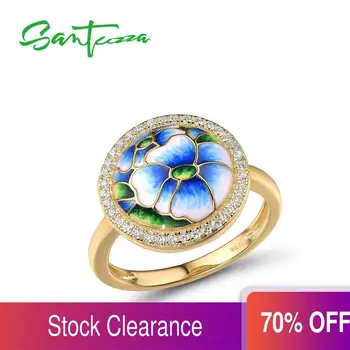 

SANTUZZA Silver Rings For Women Genuine 925 Sterling Silver Gold Color Delicate Blue Orchid Trendy Fine Jewelry Handmade Enamel
