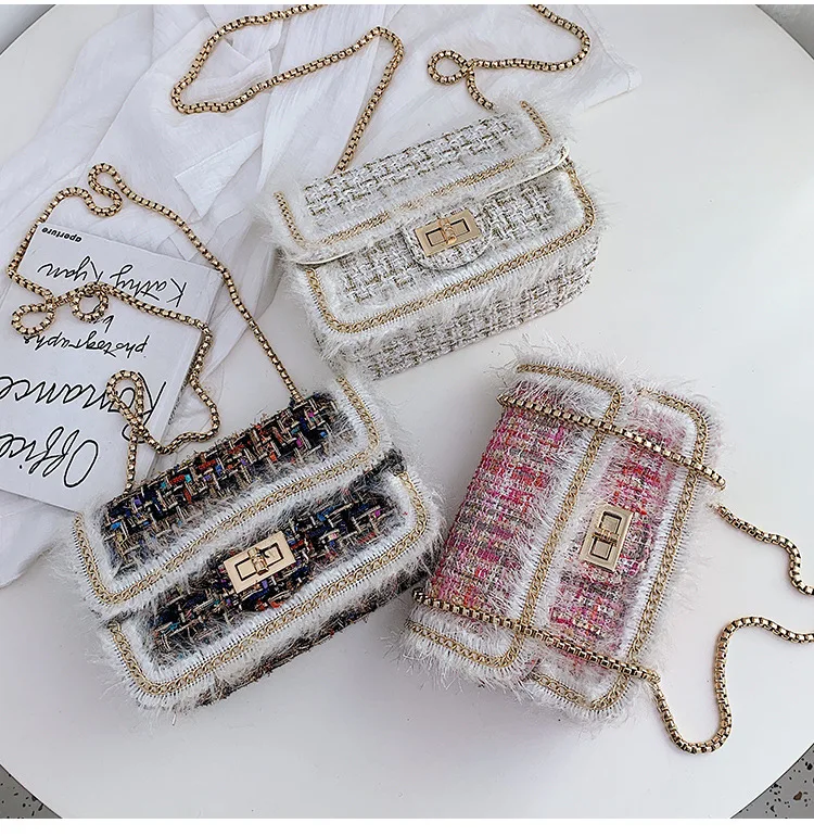 2019 Winter Top Brand Luxury Design Handbag Purse for Women Classic Tweed Flap Shoulder Bag Ladies Wool Plaid Mini Crossbody Bag (2)