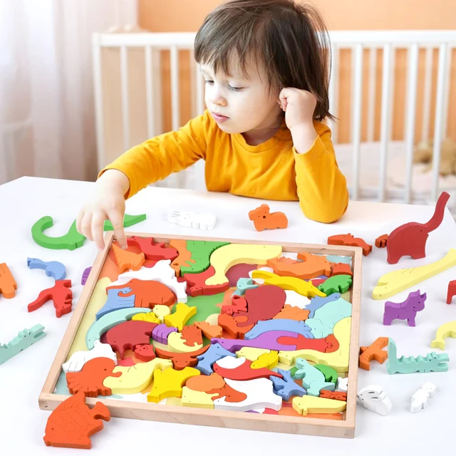 Wooden Animal Blocks 3D Jigsaw Puzzle Baby Toys Animal Shaped Pieces Wooden Puzzle Montessori Educational Stacking Matching Game 2