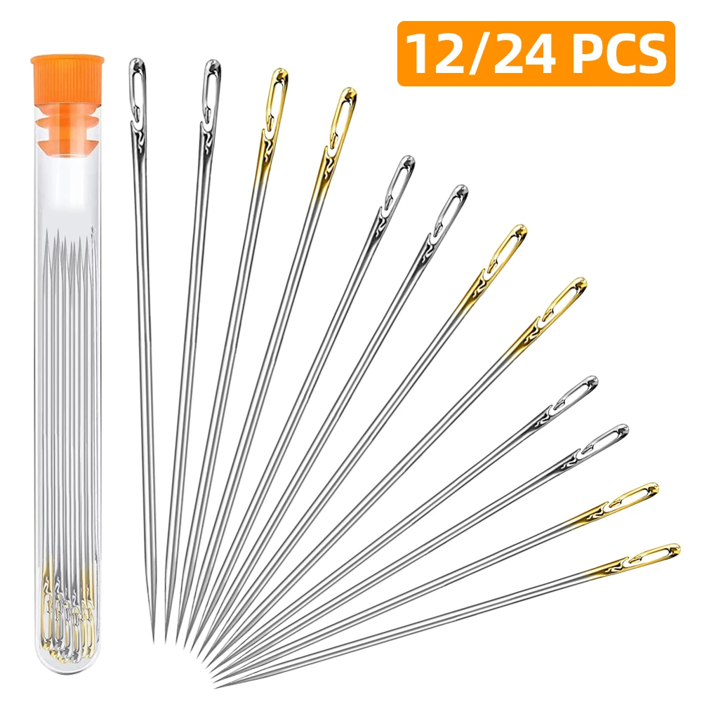 12/24Pcs Self-Threading Sewing Needles Stainless Steel Quick Automatic Threading Needle Stitching Pins DIY Punch Elderly Needle