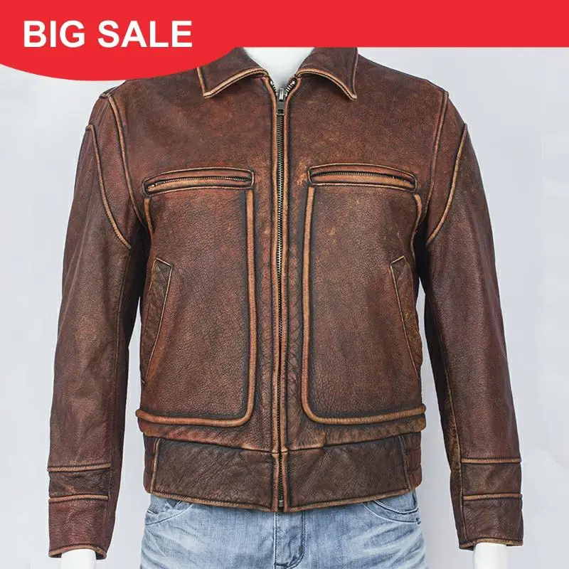 

2020 Vintage Brown Men American Casual Leather Jacket Plus Size XXXL Genuine Cowhide Autumn Slim Fit Leather Coat FREE SHIPPING