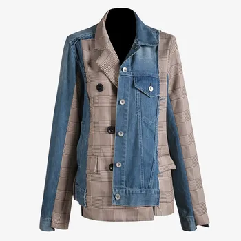 

Fashion 2019 Spring Summer Lapel Long Sleeve Patchwork Denim Coat Plaid Split Irregular Loose Jacket