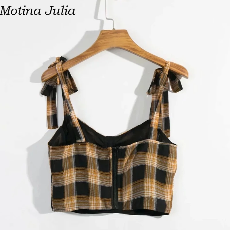 Motina Julia, сексуальные клетчатые короткие майки с бантом, женские весенние пляжные повседневные милые кроп-топы, женские летние элегантные топы на бретелях