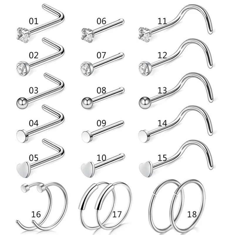 5/9/21Pcs 20G Nose Studs Surgical Steel Nostril Studs Screws Nose Ring