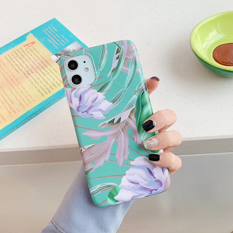 Модный Ретро Чехол для iPhone 11pro xs max xr i8 i7 i6 plus с листьями розы, силиконовый мягкий чехол для телефона, задняя крышка с цветами - Цвет: Зеленый