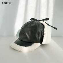 USPOP зимние женские кепки из овечьей шерсти, кожаные бейсболки с козырьком для защиты ушей, толстые теплые шапки с бархатной подкладкой