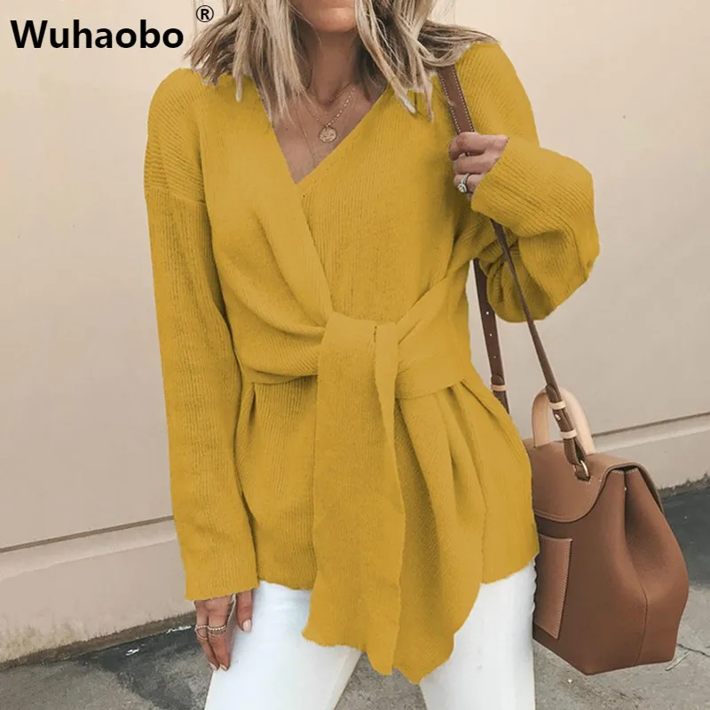 

Wuhaobo 2019 Autumn Winter Warm Knitted Sweater Women Jumper Long Sleeve V Neck Criss Cross Bow Wrap Sweaters