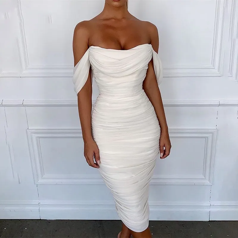 

2019 Summer Women Backelss Sexy Midi Dress Slash Neck Mesh Bodycon Dress Lady Pleated Party Club Dress